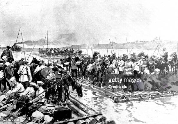 russian troops on a raft - manchuria region stock illustrations