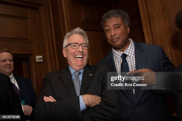 President of the NAMM Foundation Joe Lamond and baseball legend and musician Bernie Williams attends a reception during Save The Music Foundation Day...