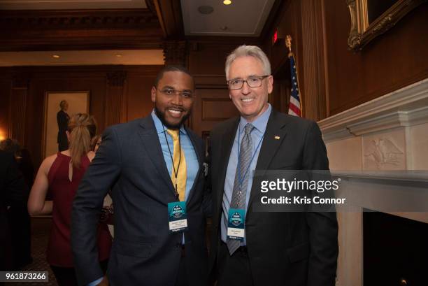 President of the NAMM Foundation Joe Lamond and Jameyel Johnson aka J. Dash attend a reception during Save The Music Foundation Day Of Music...