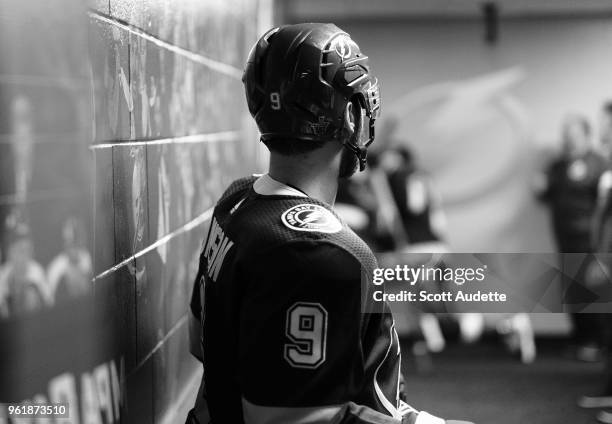 Tyler Johnson of the Tampa Bay Lightning gets ready for the game against the Washington Capitals during Game Seven of the Eastern Conference Final...