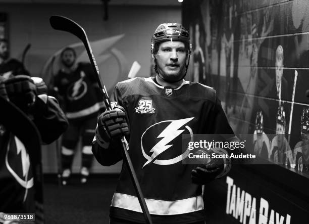 Yanni Gourde of the Tampa Bay Lightning gets ready for the game against the Washington Capitals during Game Seven of the Eastern Conference Final...