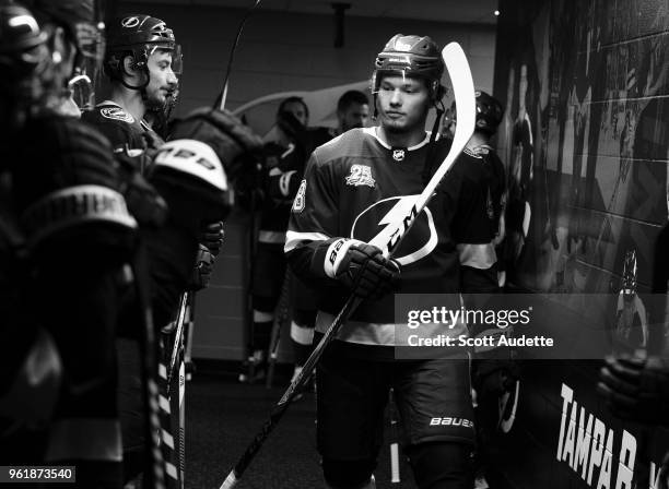 Mikhail Sergachev of the Tampa Bay Lightning gets ready for the game against the Washington Capitals during Game Seven of the Eastern Conference...