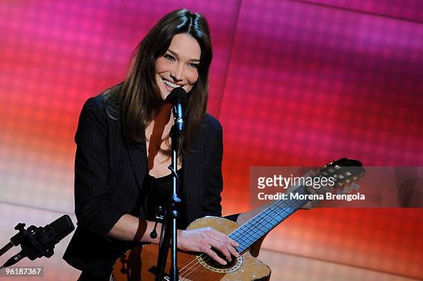 Carla Bruni Sarkozi is a guest on the Italian tv show " Che tempo che fa" on January 25 , 2009. In Milan, Italy.