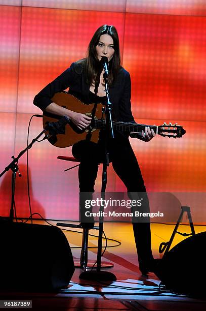 Carla Bruni Sarkozi is a guest on the Italian tv show " Che tempo che fa" on January 25 , 2009. In Milan, Italy.