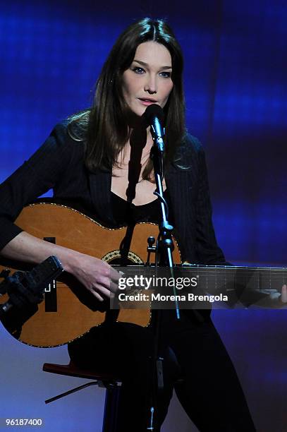 Carla Bruni Sarkozi is a guest on the Italian tv show " Che tempo che fa" on January 25 , 2009. In Milan, Italy.