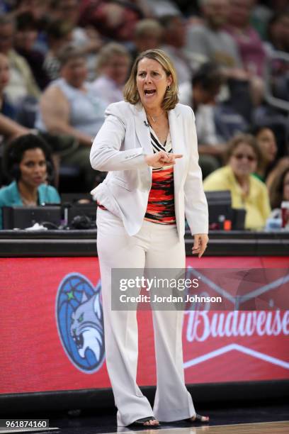 Cheryl Reeve of the Minnesota Lynx reacts during game against the Dallas Wings on May 23, 2018 at Target Center in Minneapolis, Minnesota. NOTE TO...
