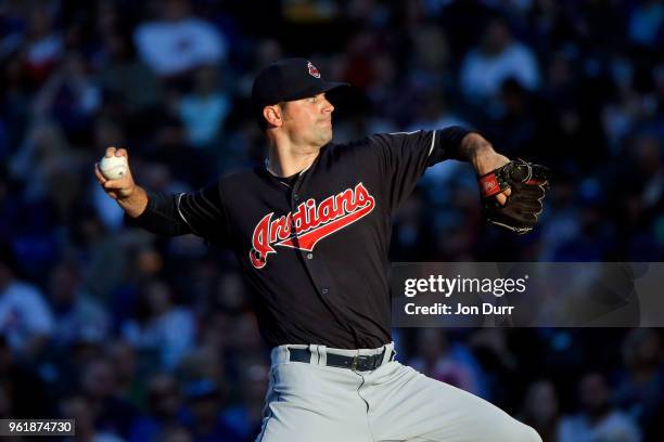 Adam Plutko of the Cleveland Indians pitches against the Chicago Cubs during the first inning at Wrigley Field on May 23, 2018 in Chicago, Illinois.