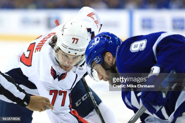 Oshie of the Washington Capitals faces off against Tyler Johnson of the Tampa Bay Lightning during the first period in Game Seven of the Eastern...