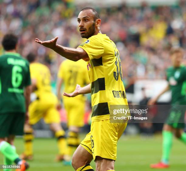 Oemer Toprak of Dortmund gestures during the Bundesliga match between SV Werder Bremen and Borussia Dortmund at Weserstadion on April 29, 2018 in...