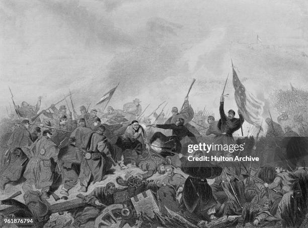 Union soldiers from the Army of the Tennessee commanded by Brigadier General Ulysses S. Grant charge the Confederate positions at the Battle of Fort...