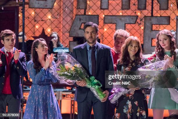 Opening Night" Episode 110 -- Pictured: Ted Sutherland as Simon Saunders, Auli'i Cravalho as Lilette Suarez, Josh Radnor as Lou Mazzuchelli, Damon J....