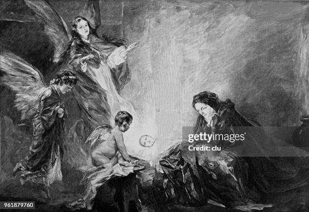 virgin mary with jesus in bethlehem - bethlehem stock illustrations