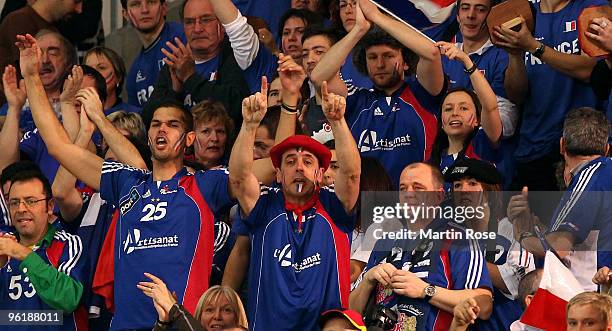 Supporters of France cheer during the Men's Handball European main round Group II match between Slovenia and France at the Olympia Hall on January...