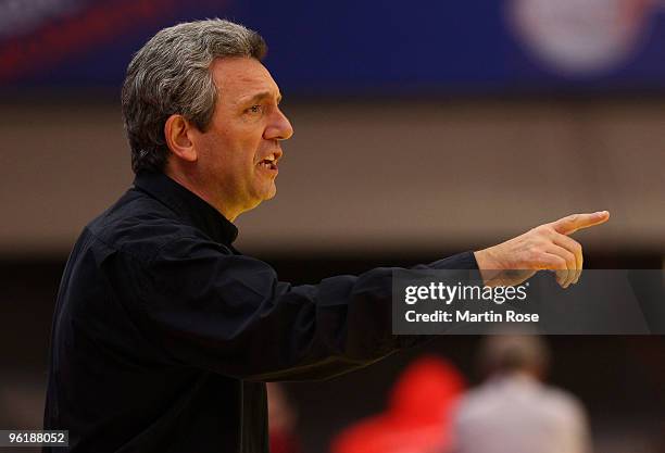 Claude Onesta, head coach of France gestures during the Men's Handball European main round Group II match between Slovenia and France at the Olympia...