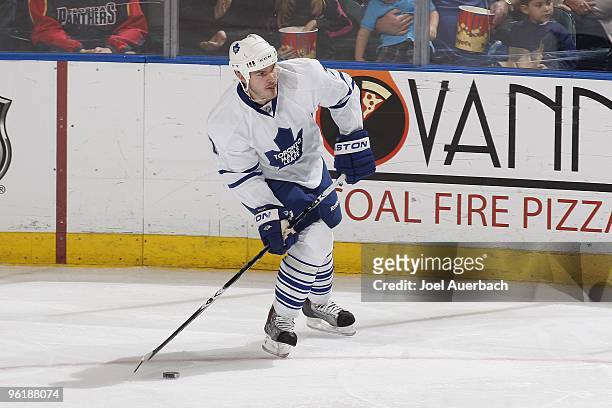 Ian White of the Toronto Maple Leafs in action against the Florida Panthers on January 23, 2010 at the BankAtlantic Center in Sunrise, Florida. The...