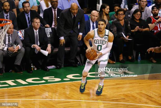 Jayson Tatum of the Boston Celtics pulls up to shoot the ball in the first half against the Cleveland Cavaliers during Game Five of the 2018 NBA...