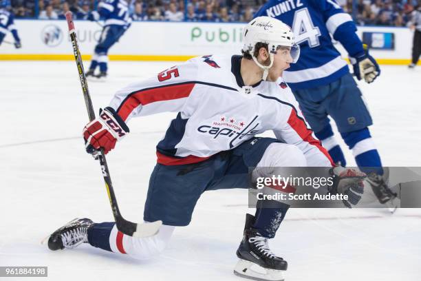 Andre Burakovsky of the Washington Capitals celebrates a goal against the Tampa Bay Lightning during Game Seven of the Eastern Conference Final...