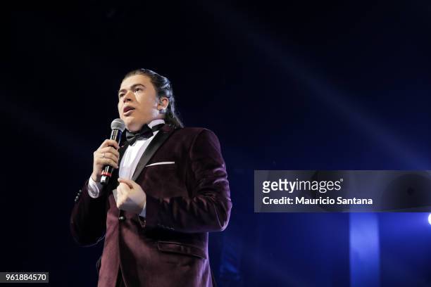 Whindersson Nunes speaks on stage during the MTV MIAW 2018 at Citibank Hall on May 23, 2018 in Sao Paulo, Brazil.