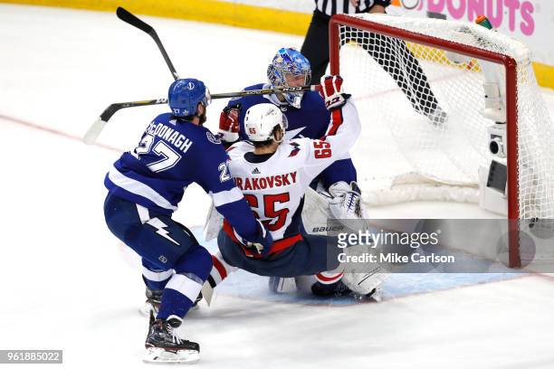 Andre Burakovsky of the Washington Capitals scores his second goal on Andrei Vasilevskiy of the Tampa Bay Lightning during the second period in Game...