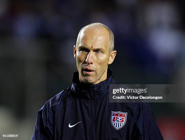 Head Coach Bob Bradley of USA walks off the pitch after the first half of their international friendly match against Honduras on January 23, 2010 in...