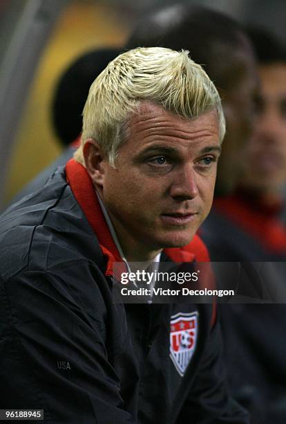 Reserve goalkeeper Kevin Hartman of USA looks on from the bench area during warm-up prior to their international friendly match against Honduras on...