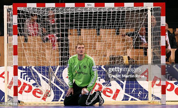 Johannes Bitter, goalkeeper of Germany reacts during the Men's Handball European main round Group II match between Germany and Spain at the Olympia...