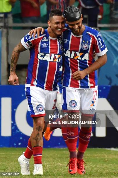Elton of Brazils Bahia, celebrates with teammate Vinicius after scoring against Bolivia's Blooming, during their 2018 Copa Sudamericana football...