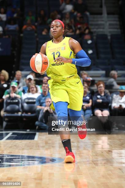 Karima Christmas-Kelly of the Dallas Wings handles the ball against the Minnesota Lynx on May 23, 2018 at Target Center in Minneapolis, Minnesota....