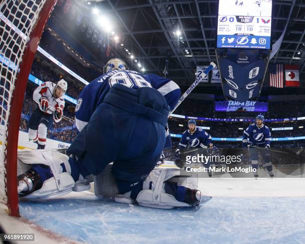 Goalie Andrei Vasilevskiy of the Tampa Bay Lightning gives up a goal to Andre Burakovsky of against the Washington Capitals during Game Seven of the...