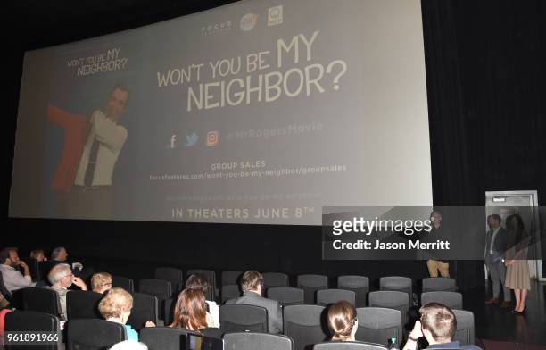 Director Morgan Neville, producer Nicolas Ma, and producer Caryn Capotosto attend a special screening of "Won't You Be My Neighbor?" on May 23, 2018...
