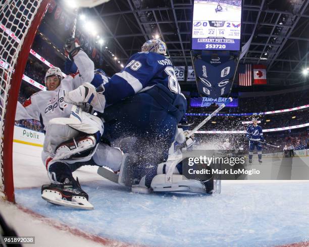 Goalie Andrei Vasilevskiy of the Tampa Bay Lightning gives up a goal to Andre Burakovsky of the Washington Capitals during Game Seven of the Eastern...