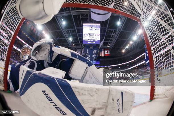 Goalie Andrei Vasilevskiy of the Tampa Bay Lightning reacts to giving up a goal against the Washington Capitals during Game Seven of the Eastern...