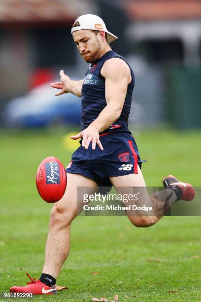 Jack Viney of the Demons kicks the ball during a Melbourne Demons AFL training session at Gosch's Paddock on May 24, 2018 in Melbourne, Australia....