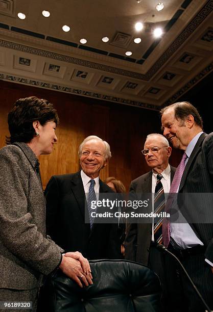 Senate Homeland Security and Governmental Affairs Committee ranking member Sen. Susan Collins , committee Chairman Joe Lieberman welcom former...