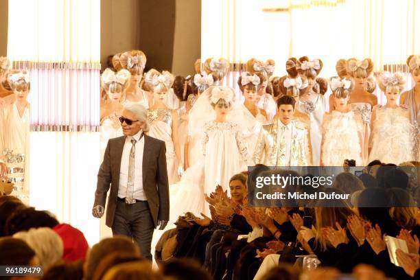 Karl Lagerfeld and Models walk the runway for end of the show Chanel Fashion Show during Paris Fashion Week Haute Couture S/S 2010 on January 26,...