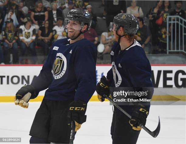 David Perron and Cody Eakin of the Vegas Golden Knights joke around during the team's first practice since winning the Western Conference Finals at...