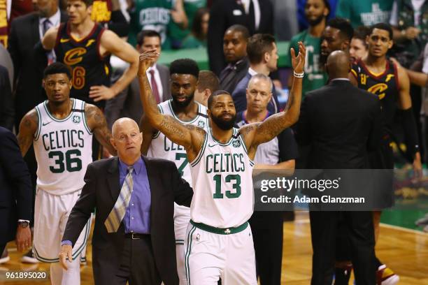 Marcus Morris of the Boston Celtics reacts after getting into an altercation with Larry Nance Jr. #22 of the Cleveland Cavaliers in the first half...