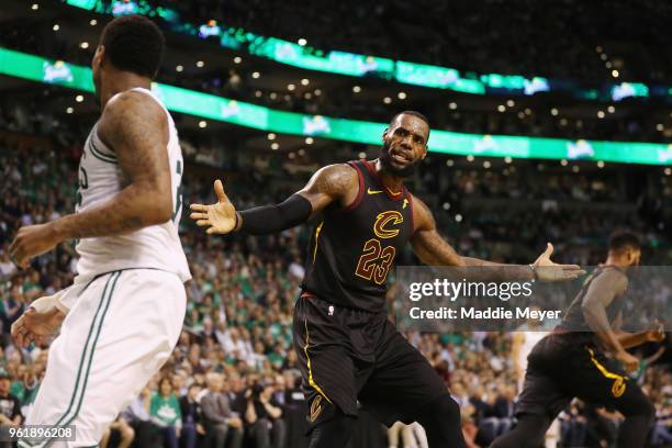 LeBron James of the Cleveland Cavaliers reacts to a call in the first half against the Boston Celtics during Game Five of the 2018 NBA Eastern...