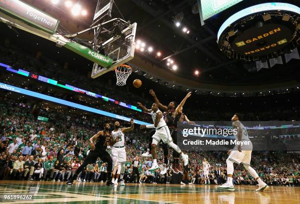 Terry Rozier of the Boston Celtics loses the ball as he drives to the basket against the Cleveland Cavaliers in the first half during Game Five of...