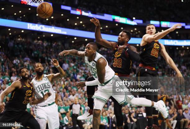 Terry Rozier of the Boston Celtics loses the ball as he drives to the basket against the Cleveland Cavaliers in the first half during Game Five of...