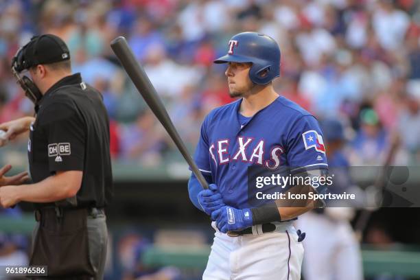 Texas Rangers outfielder Ryan Rua steps to the batters box during the game between the New York Yankees and the Texas Rangers on May 23, 2018 at...