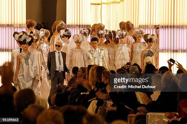 Karl Lagerfeld and Models walk the runway for end of the show Chanel Fashion Show during Paris Fashion Week Haute Couture S/S 2010 on January 26,...