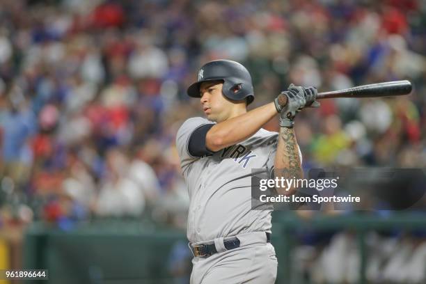 New York Yankees catcher Gary Sanchez swings the bat during the game between the New York Yankees and the Texas Rangers on May 23, 2018 at Globe Life...