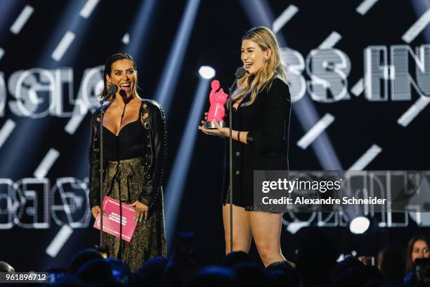 Cleo Pires and Niina Secrets speak on stage during the MTV MIAW 2018 at Citibank Hall on May 23, 2018 in Sao Paulo, Brazil.