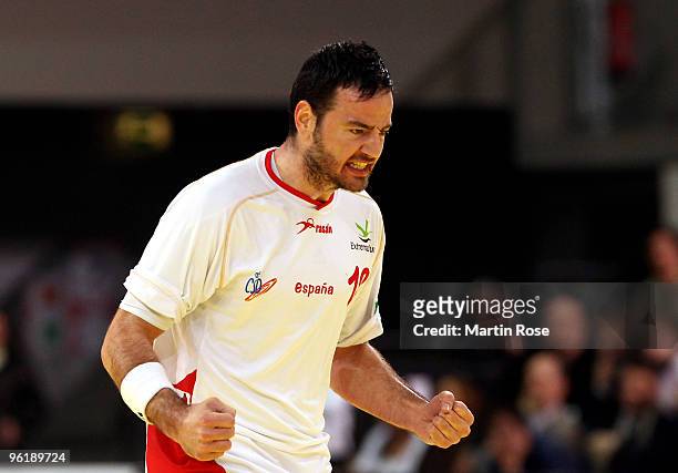 Iker Romero of Spain celebrates during the Men's Handball European main round Group II match between Germany and Spain at the Olympia Hall on January...