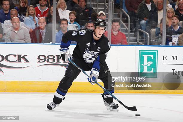 Vincent Lecavalier of the Tampa Bay Lightning passes the puck against the Toronto Maple Leafs at the St. Pete Times Forum on January 21, 2010 in...