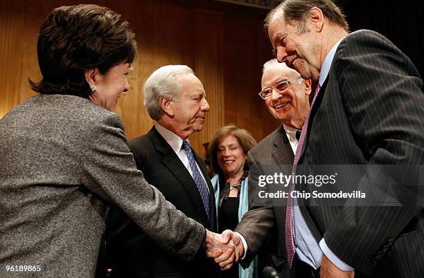 Senate Homeland Security and Governmental Affairs Committee ranking member Sen. Susan Collins , committee Chairman Joe Lieberman welcom former...