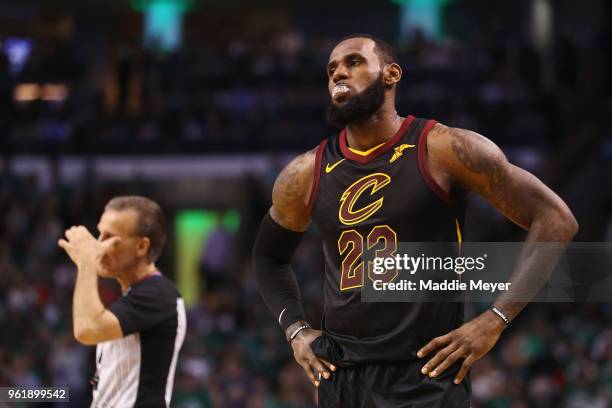 LeBron James of the Cleveland Cavaliers reacts in the second half against the Boston Celtics during Game Five of the 2018 NBA Eastern Conference...