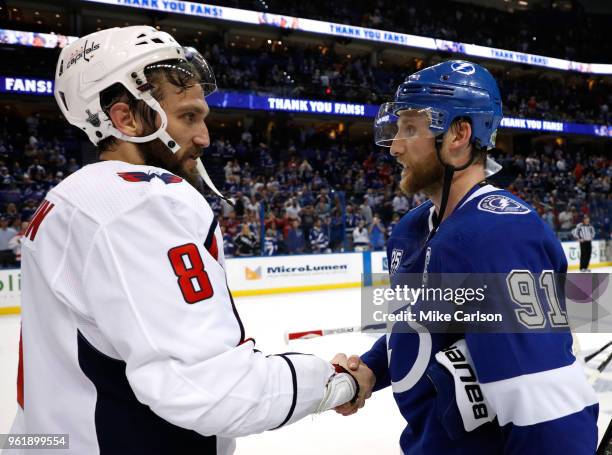 Alex Ovechkin of the Washington Capitals shakes hands with Steven Stamkos of the Tampa Bay Lightning after Game Seven of the Eastern Conference...