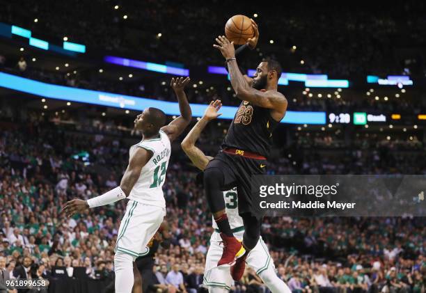LeBron James of the Cleveland Cavaliers looks to pass the ball in the first half against the Boston Celtics during Game Five of the 2018 NBA Eastern...